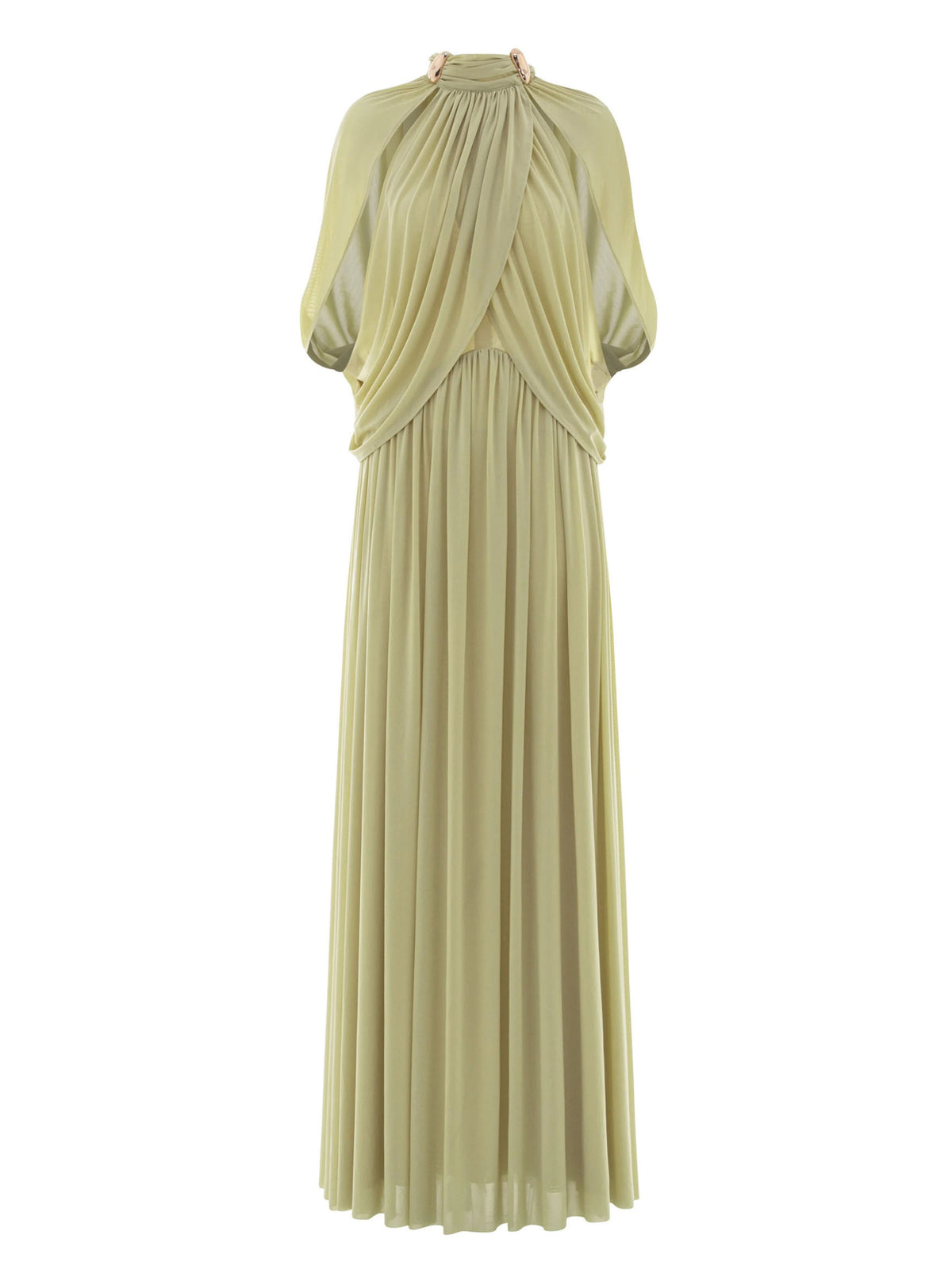 Vestido largo formal plisado con cuello alto y capa