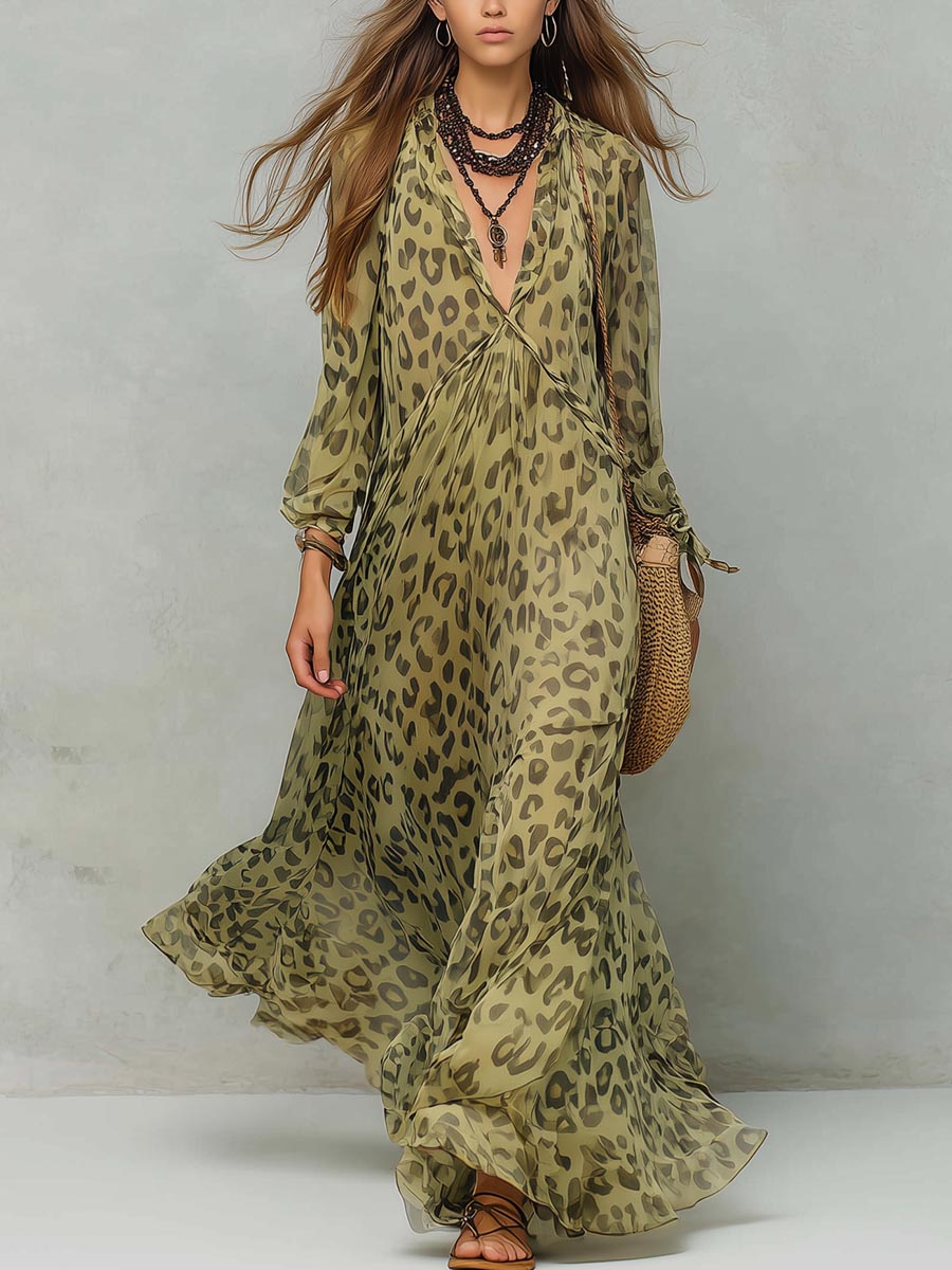 Abito lungo casual fluido in chiffon a stampa leopardata