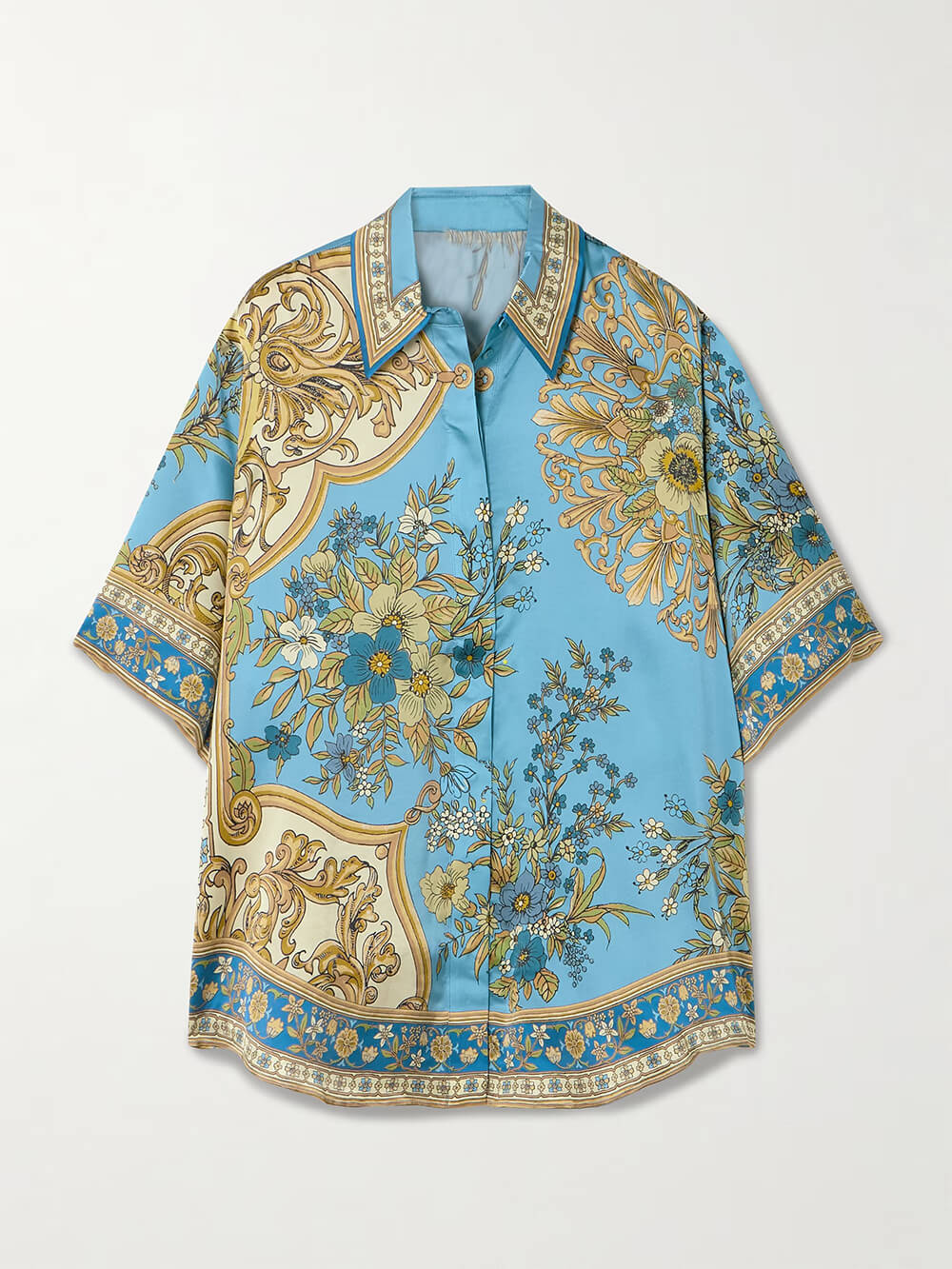 Unique Casual Floral Print Satin Loose Button-Up Shirt
