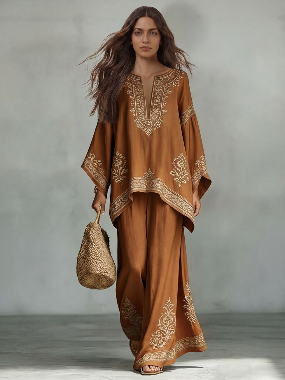 Completo casual boho a due pezzi con camicia a maniche a pipistrello e stampa floreale