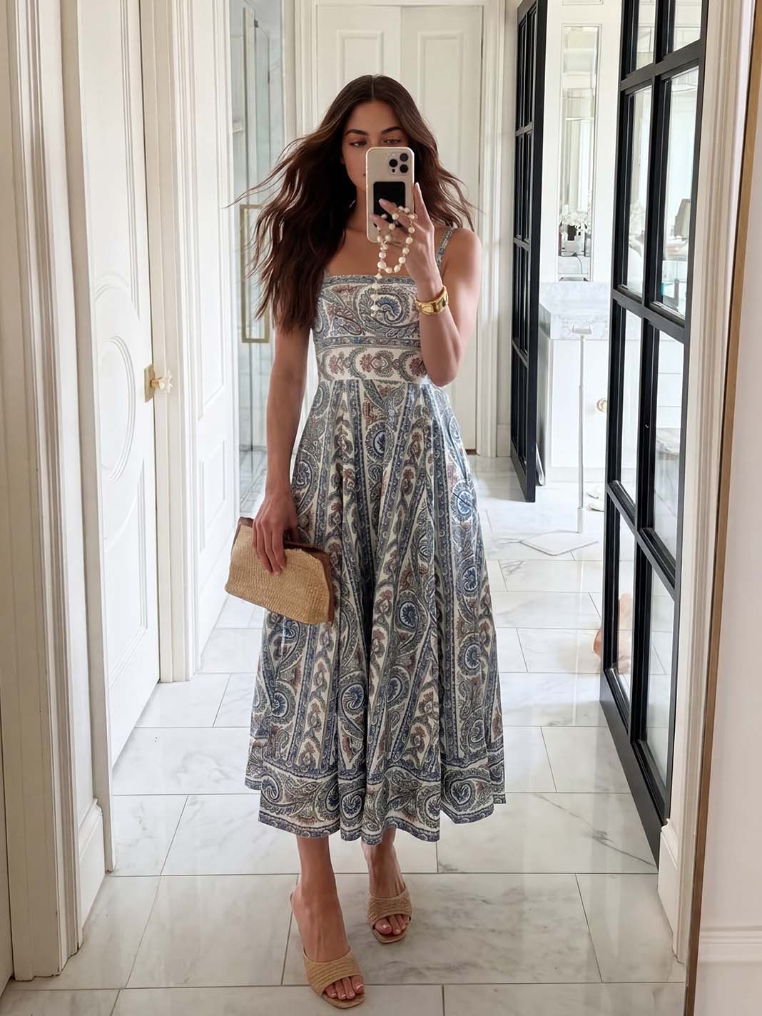 Bohemian-Midikleid mit Paisleymuster und eckigem Ausschnitt