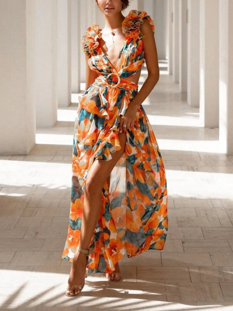 Vestido comprido elegante plissado com estampado floral e detalhes vazados