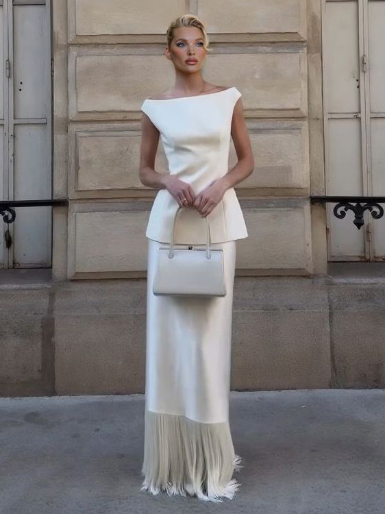 Elegant Satin Fringe Hem Skirt Two-Piece Set
