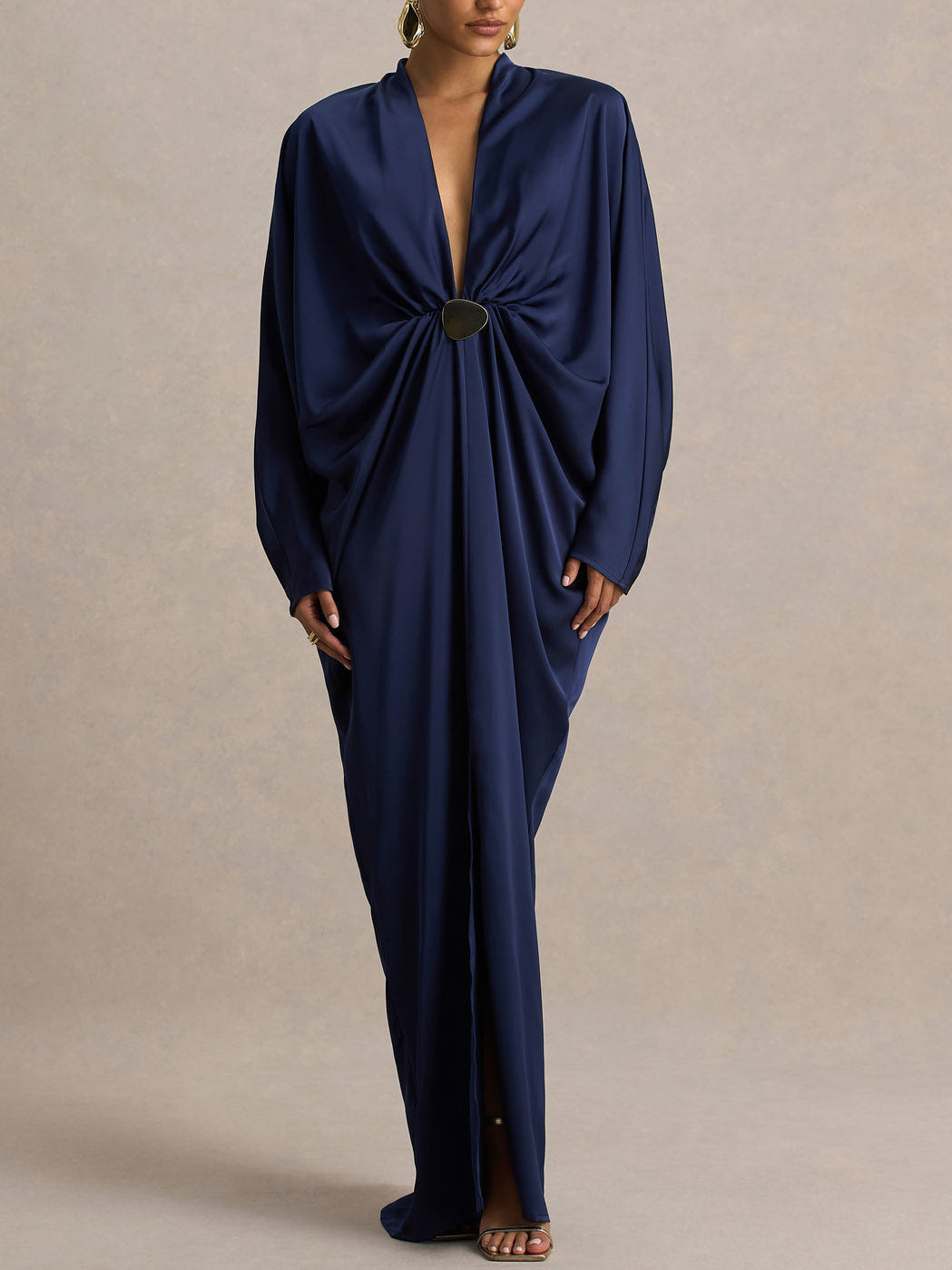 Elegant Satin Batwing Sleeve Draped Maxi Dress