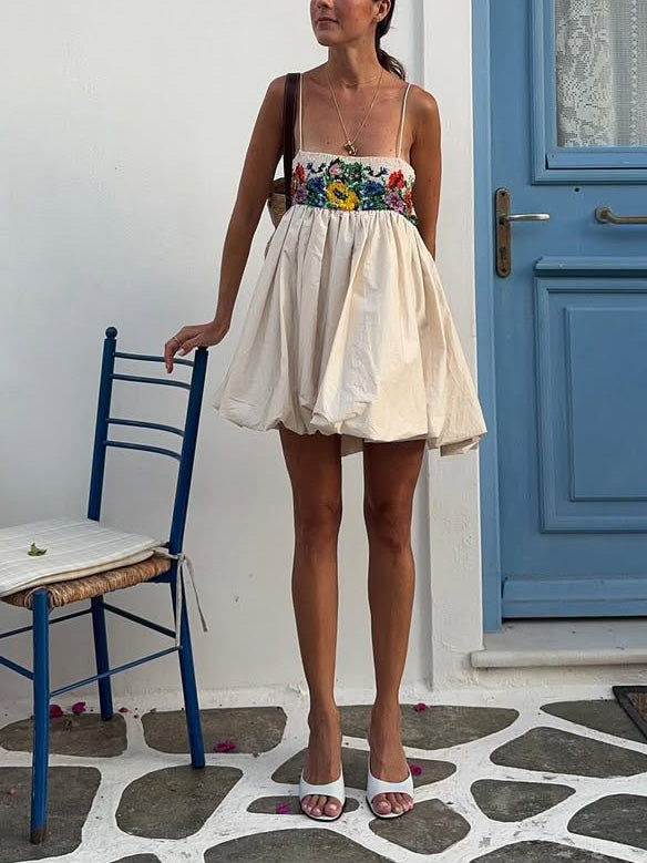Exquisite Printed Suspender Lantern Mini Dress