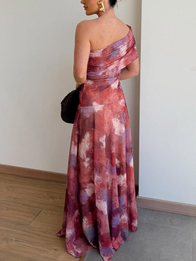 Elegantes One-Shoulder-Maxikleid aus Mesh mit abstraktem Aquarellprint