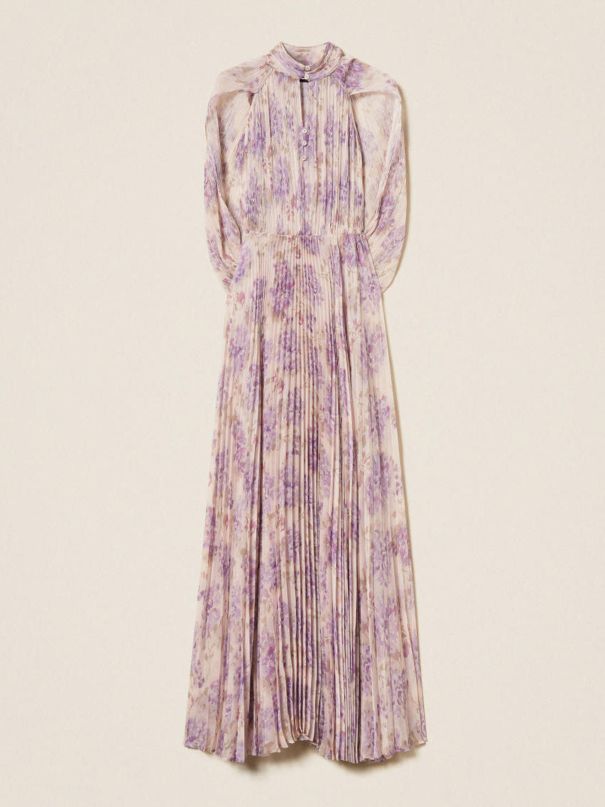 Elegantes Maxikleid mit hohem Kragen, Capeärmeln und Raffungen