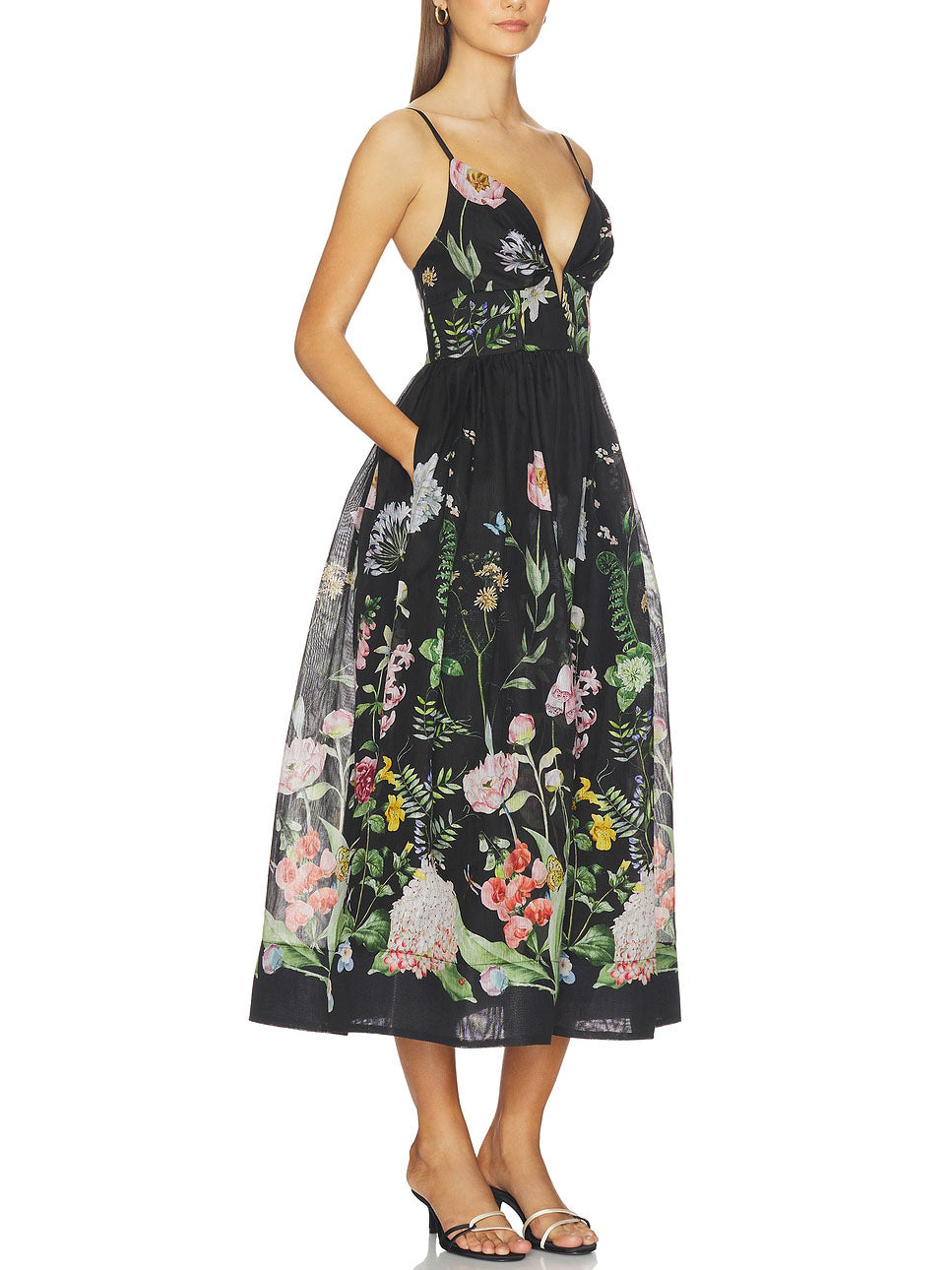 Elegante abito midi a trapezio aderente con stampa botanica e scollo profondo a V