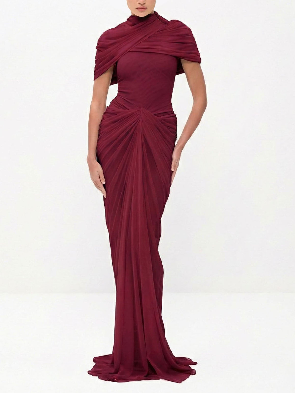 Abito lungo elegante da cerimonia con drappeggio e arricciature