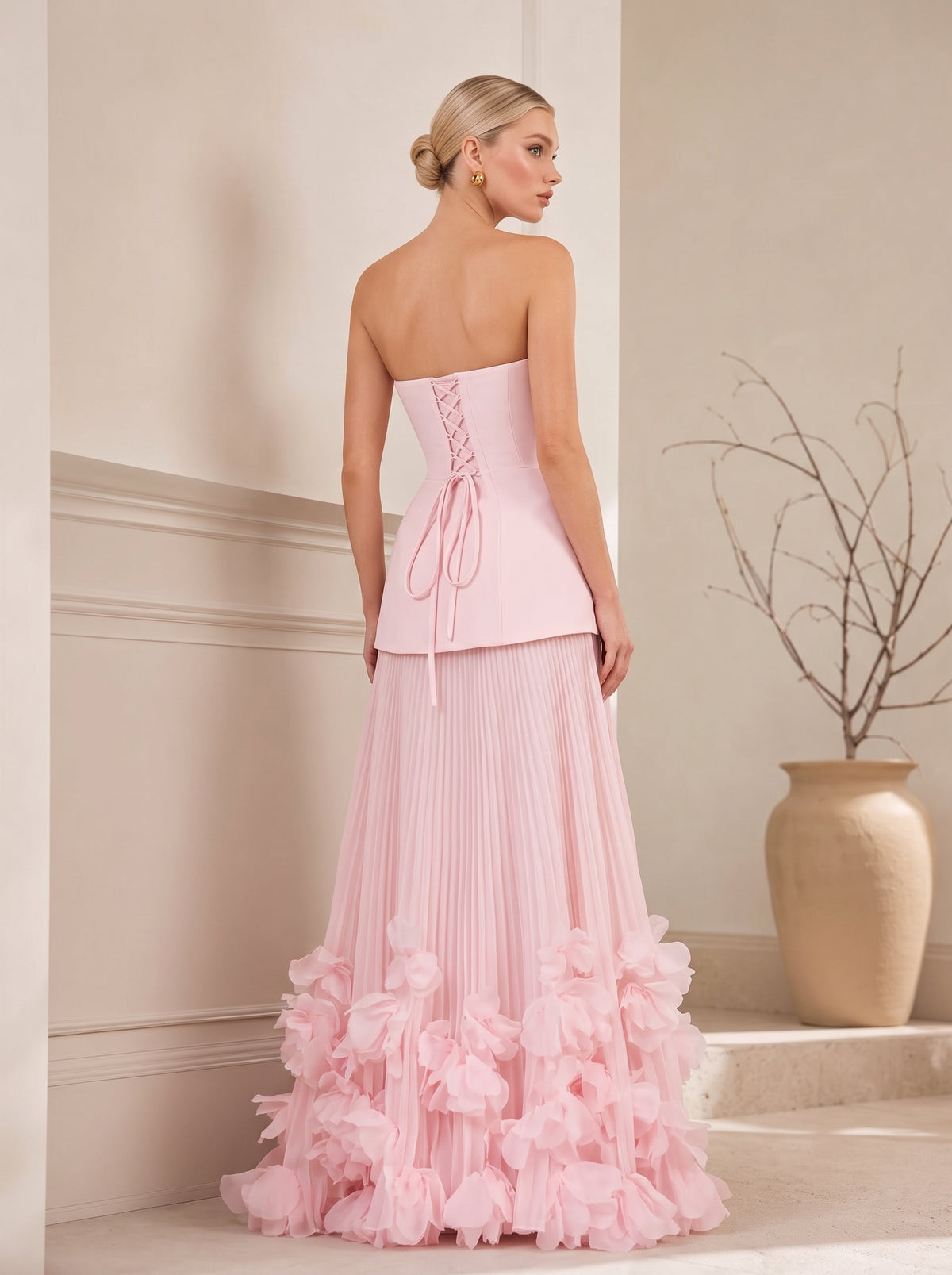 Strapless Fitted Bodice Pleated Maxi Gown With 3D Floral Hem