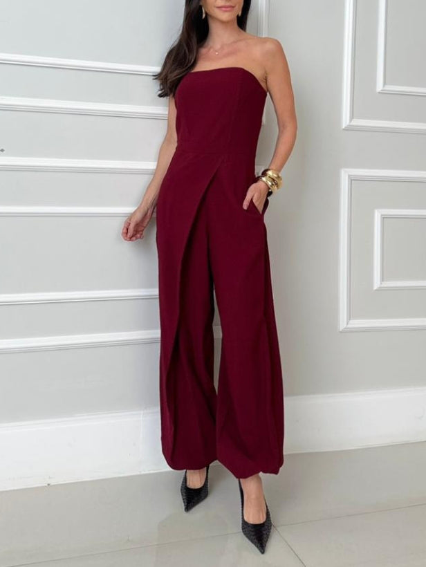 Trägerloser Jumpsuit mit Wickelfront und weitem Bein