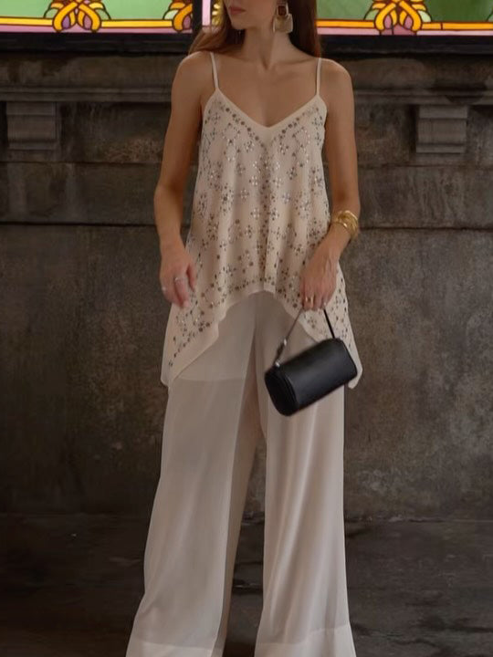 Conjunto elegante de dos piezas para vacaciones, con camisola de escote en V