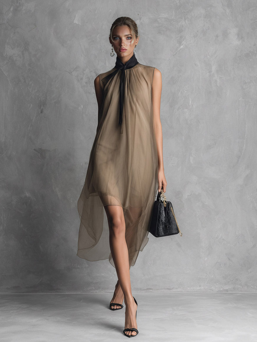 Elegant Sleeveless Asymmetric Sheer Chiffon Midi Dress