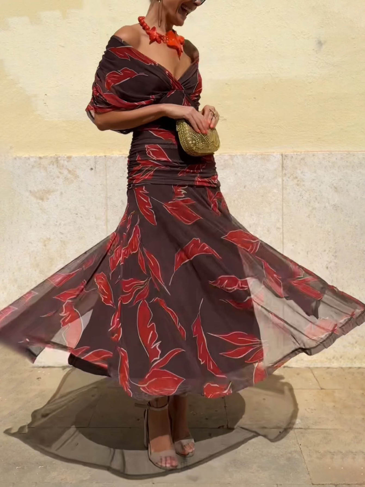 Elegant Off-Shoulder Ruched Leaf Print Maxi Dress