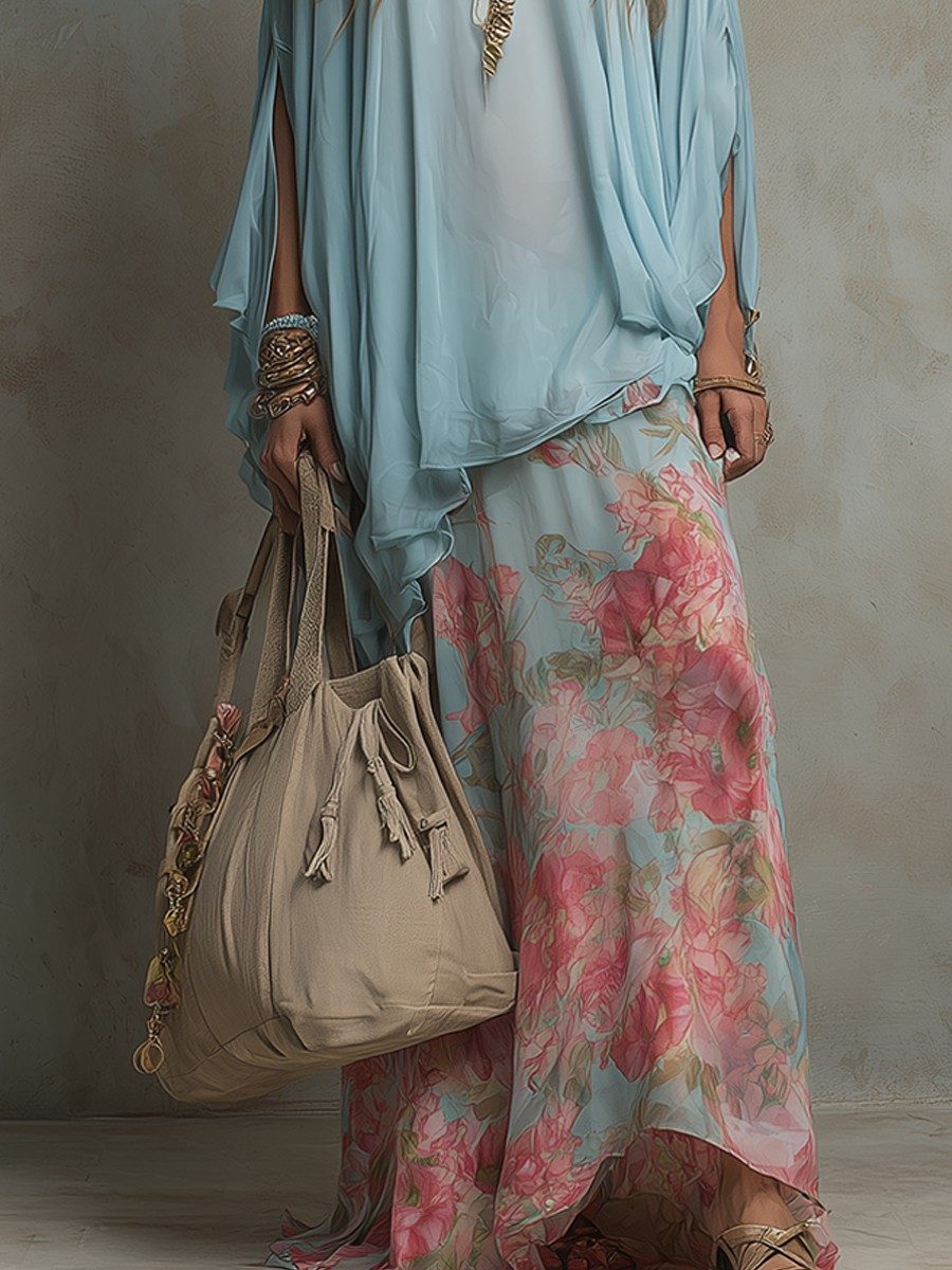 Fließendes Boho-Chiffon-Zweiteiler-Set mit Blumenprint