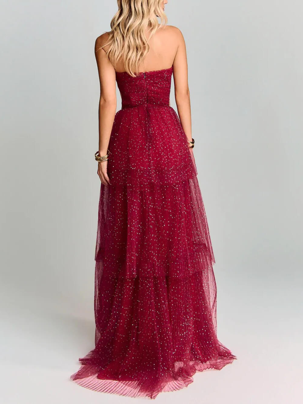 Elegantes rotes Party-Maxikleid aus mehrlagigem Tüll mit Punktmuster