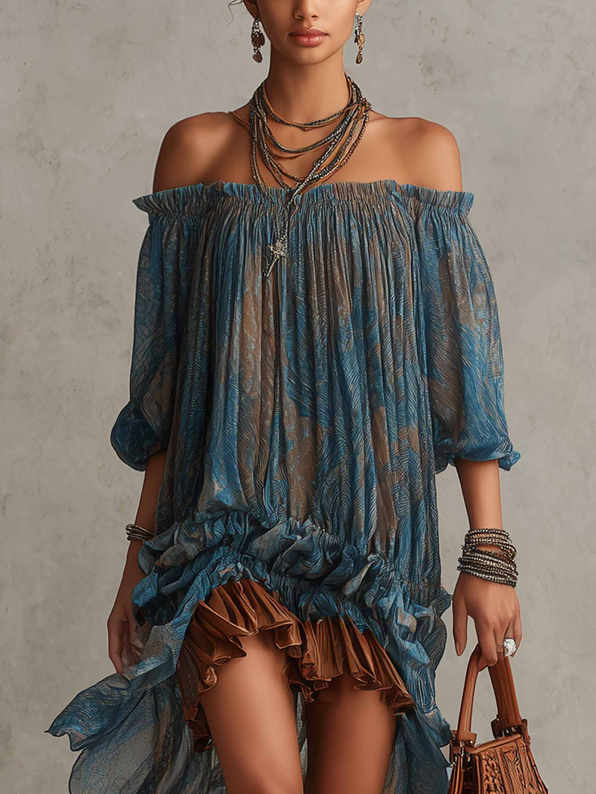 Schulterfreies Midikleid im Bohème-Stil mit Rüschen und transparentem asymmetrischem Saum