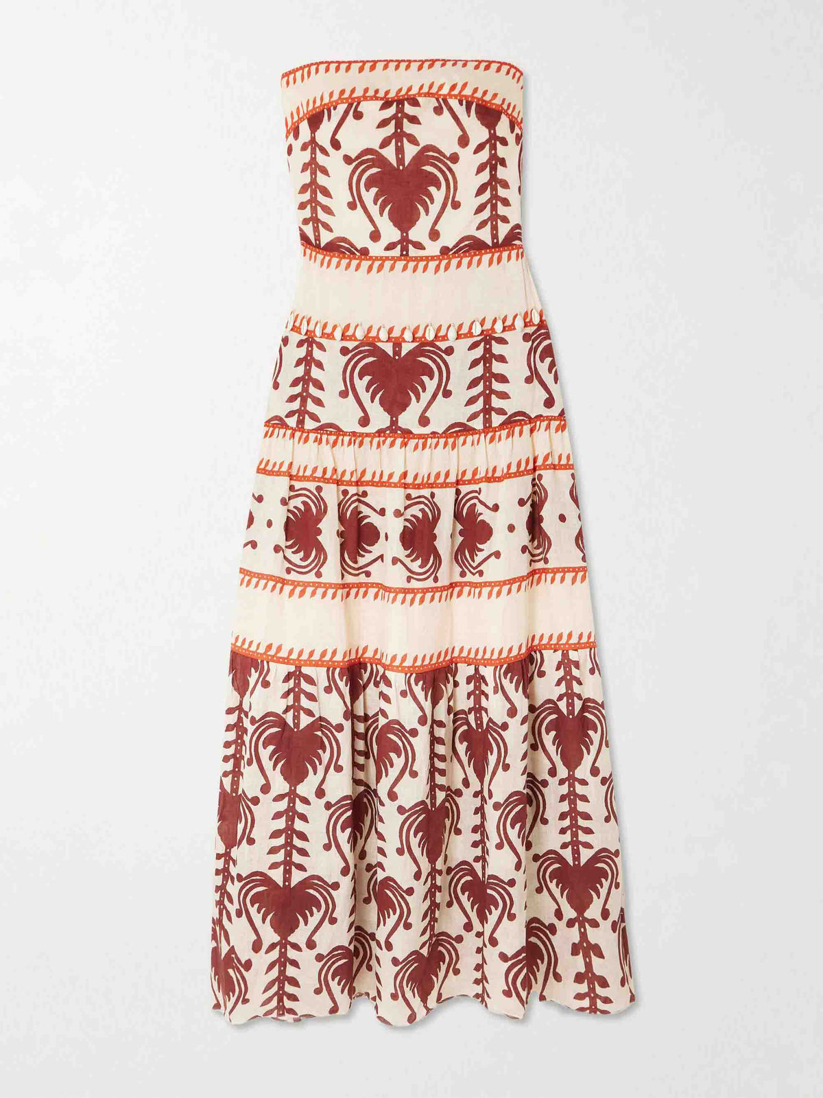 Élégante robe longue bustier à imprimé ethnique et jupe à volants étagés
