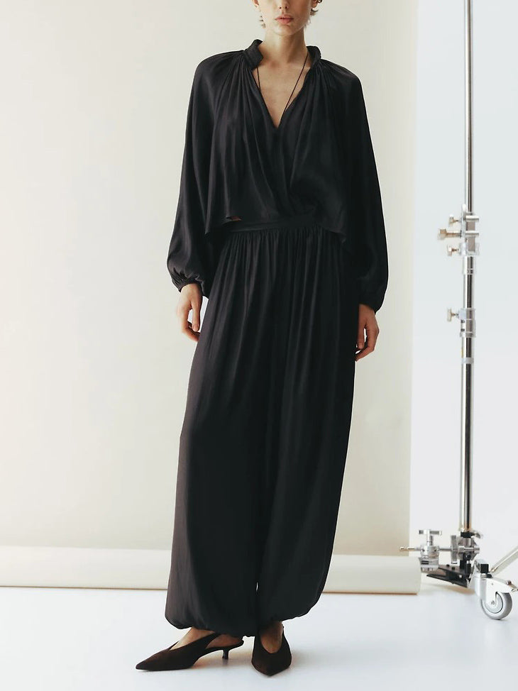 Elegant Satin Long Sleeve Top & Harem Pants Two-Piece Set