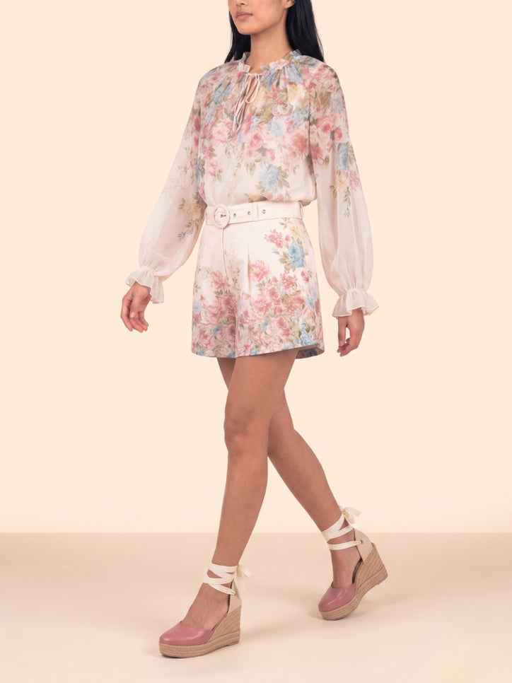 Exquisites Set aus langärmligem Chiffonhemd mit Blumenprint und Shorts