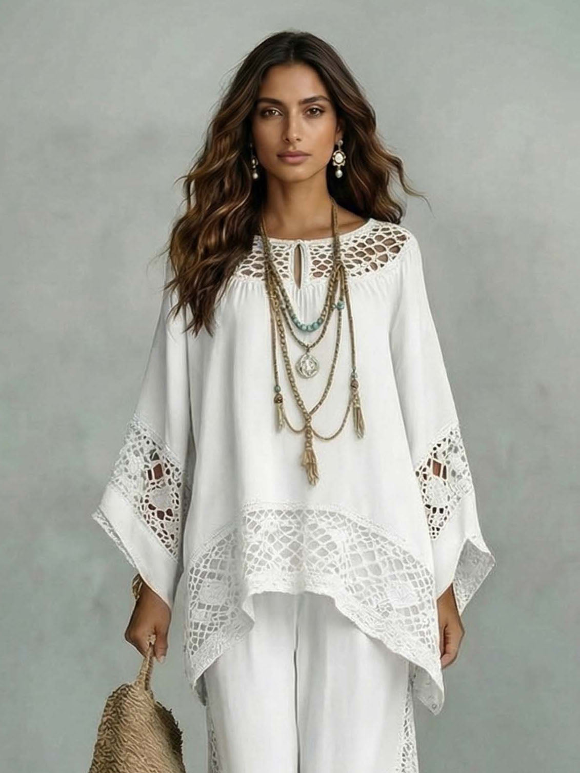 Casual completo a due pezzi con top kaftano ampio in pizzo all'uncinetto