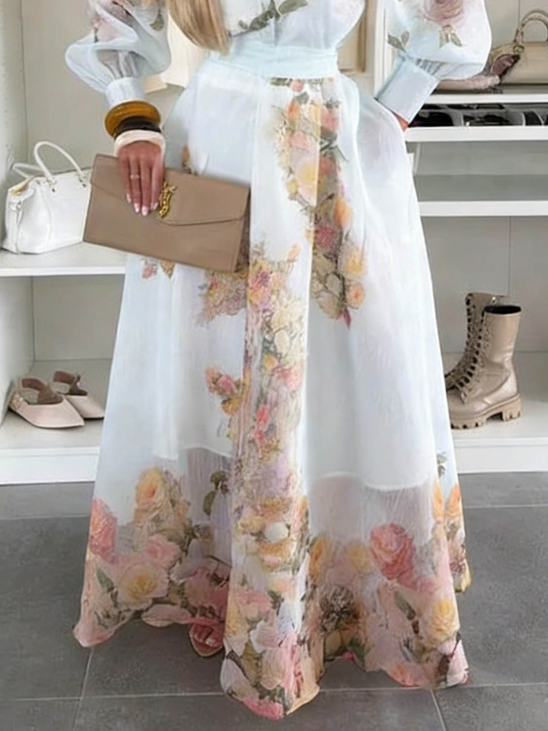 Gonna lunga elegante a vita alta con stampa floreale