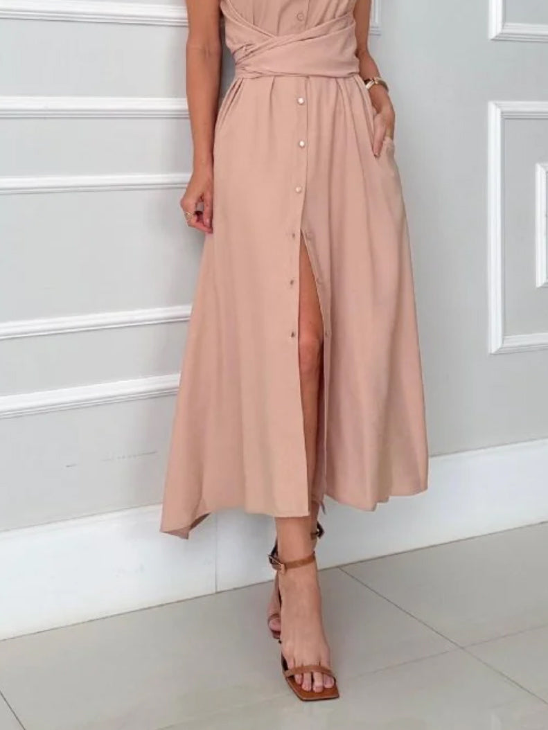 Vestido midi elegante cruzado con botones y cinturón