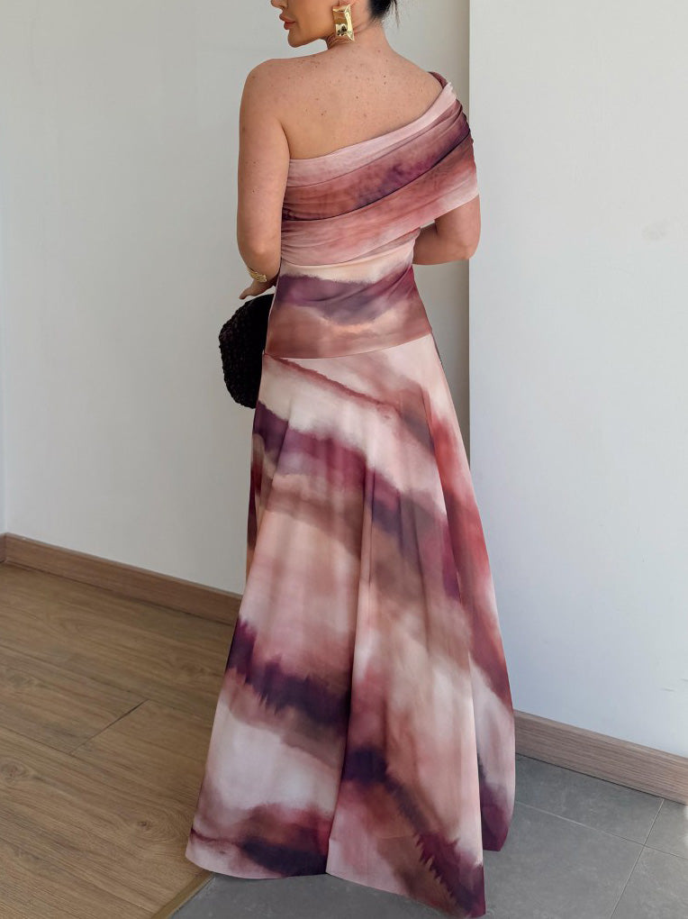 Elegantes Maxikleid mit One-Shoulder-Schnitt, Mesh, Ombre-Effekt und Batikprint