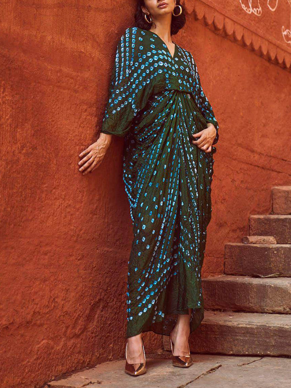 Kimono Tie-Dye Print V-Neck Pleated Robe Maxi Dress