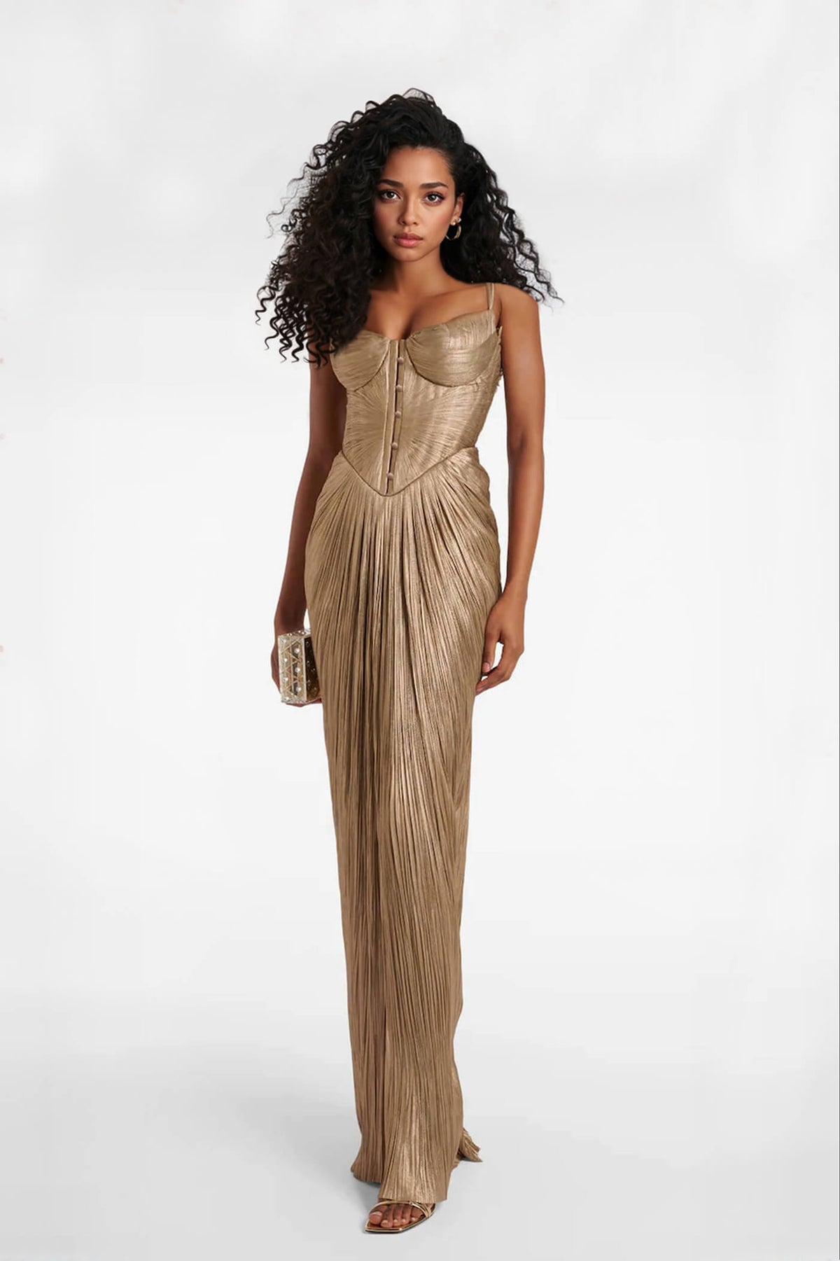 Elegante abito maxi da festa plissettato metallizzato con cintura in vita e spacco