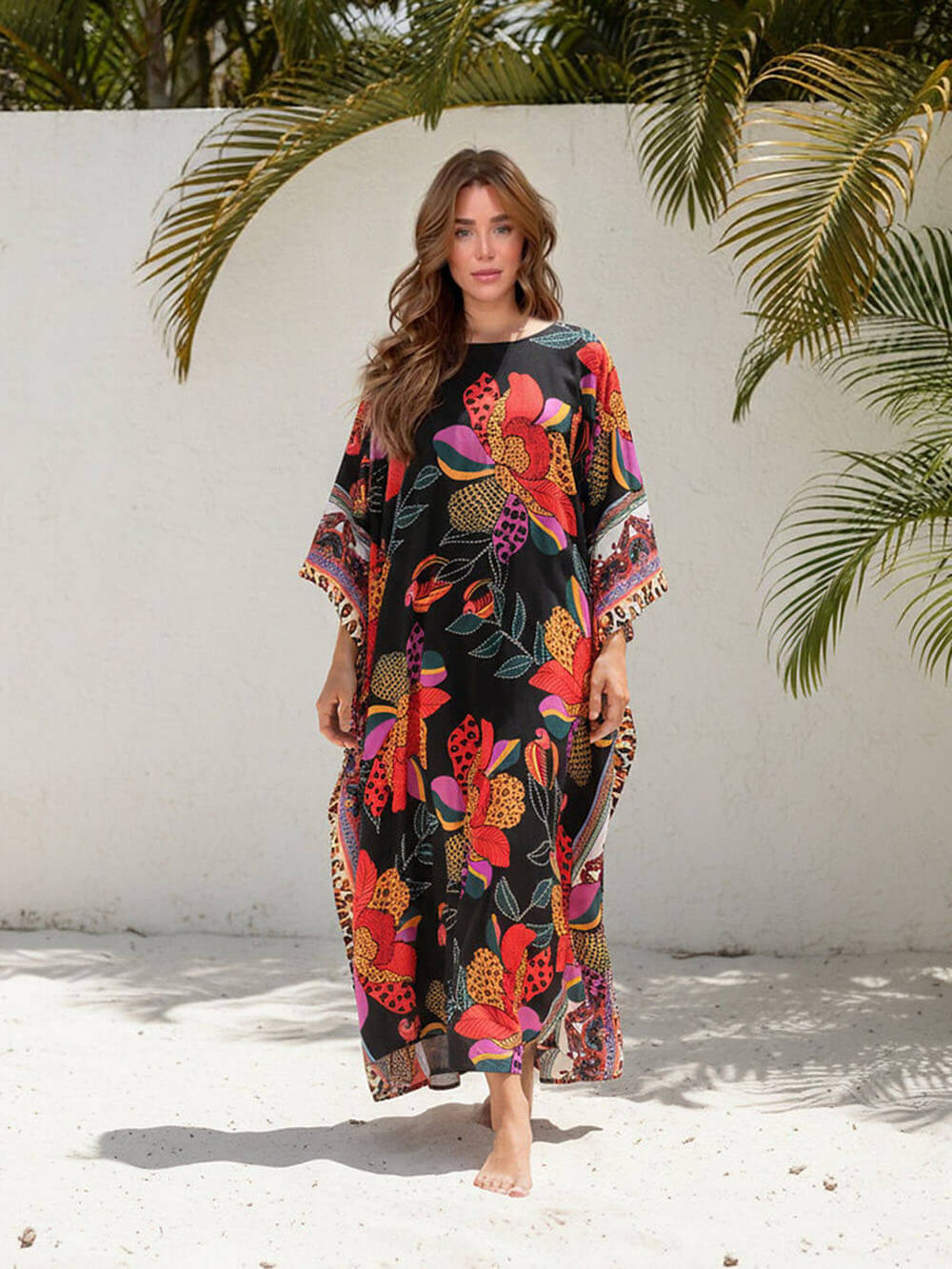 Abito kimono lungo con stampa boho
