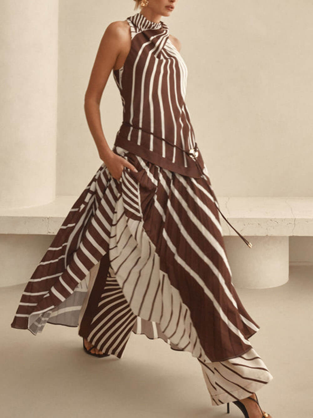 Elegant Striped Print Asymmetrical Hem Pleated Maxi Dress
