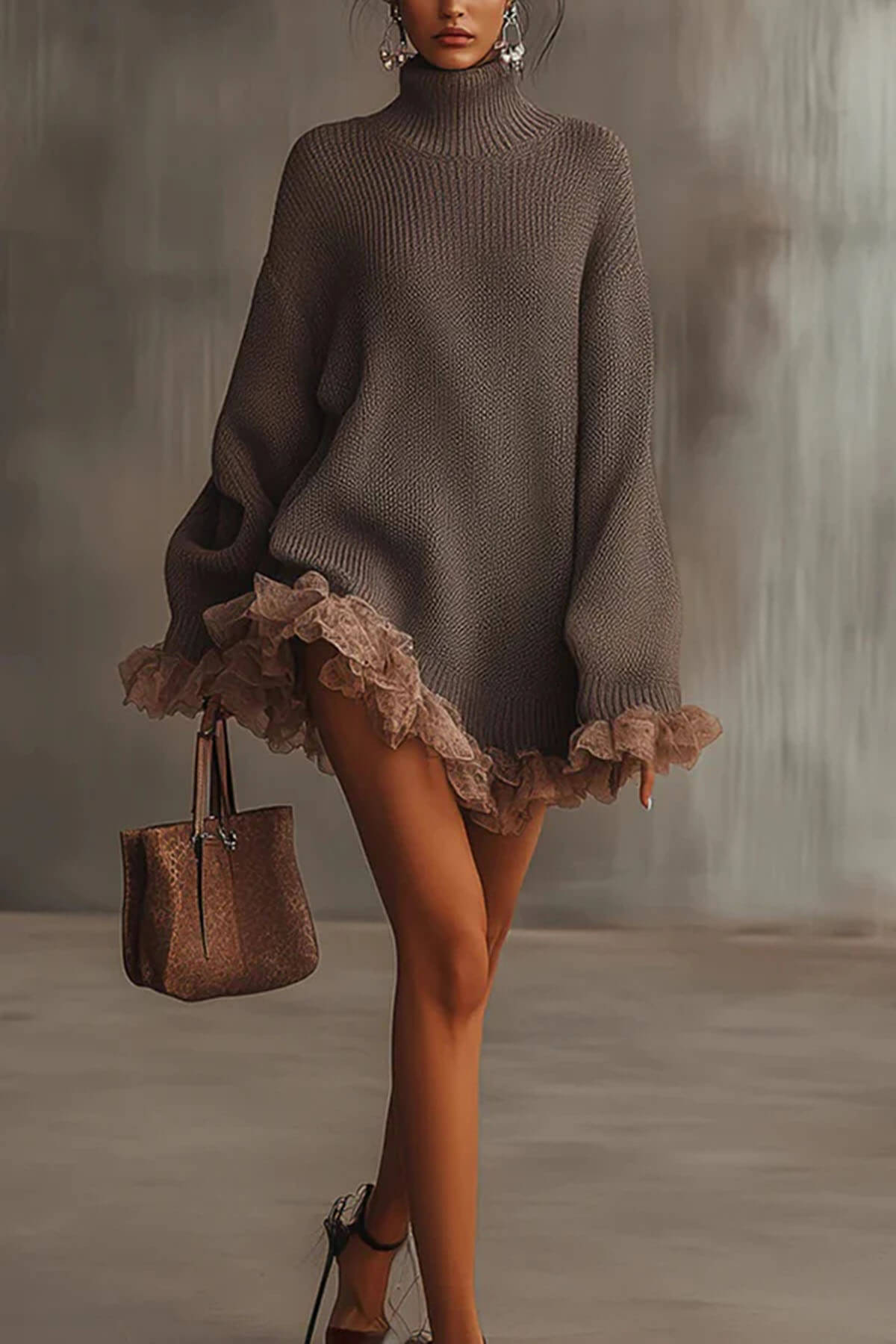 Fashion Solid Color Turtleneck Long-sleeved Loose Ruffle Knit Mini Dress