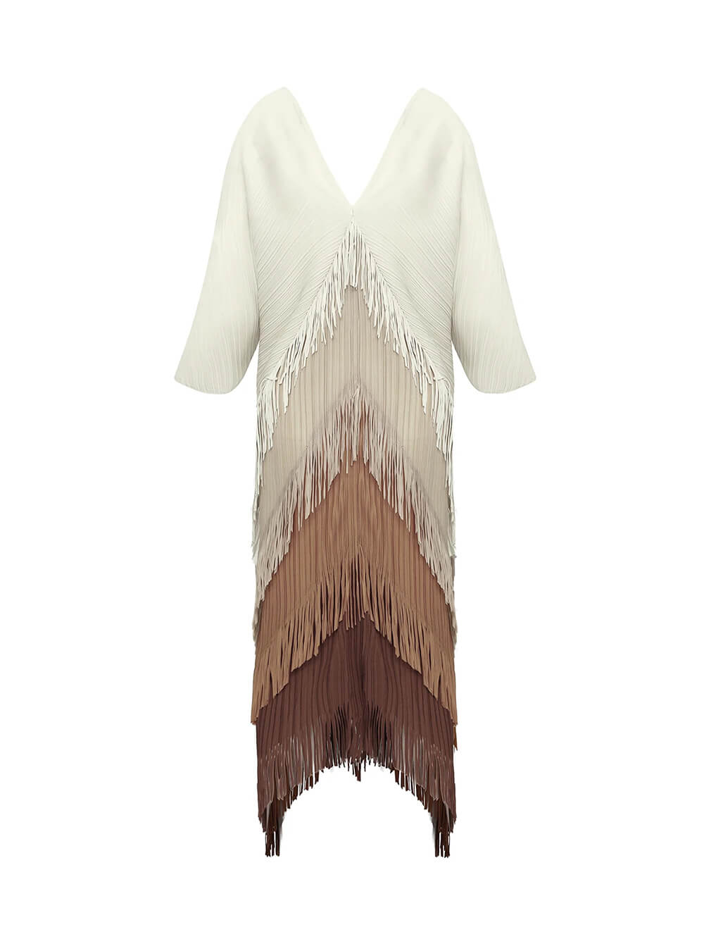 Robe longue élégante en satin plissé, à dégradé de couleurs et franges
