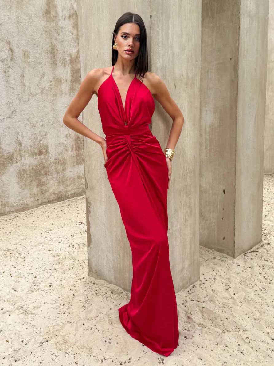 Elegantes Maxikleid im griechischen Stil mit Neckholder und tiefem V-Ausschnitt