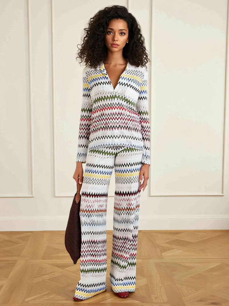 Set di due pezzi con top a maniche lunghe con stampa geometrica a zigzag e pantaloni a gamba larga