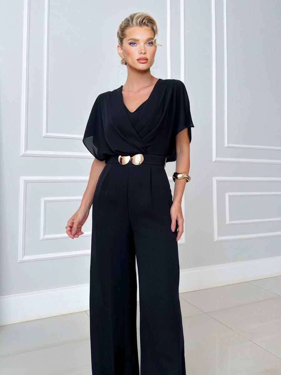 Elegant Draped Cross V-Neck Jumpsuit