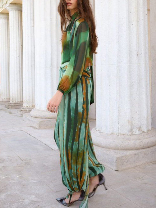 Abstract Watercolor Print Halter & Pants Two-Piece Set