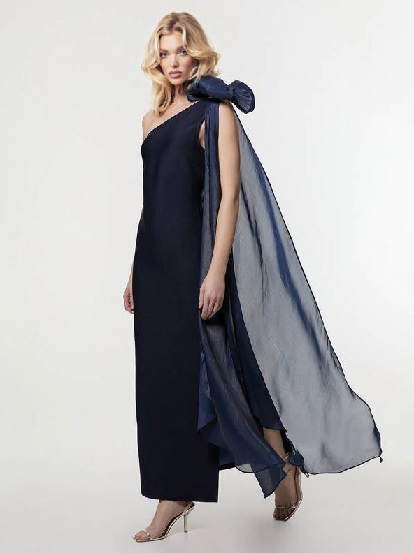 Elegant Tulle Bow Cape One-Shoulder Maxi Dress