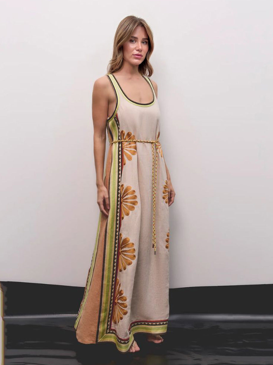 Robe longue bohème à imprimé floral sans manches avec lien à la taille