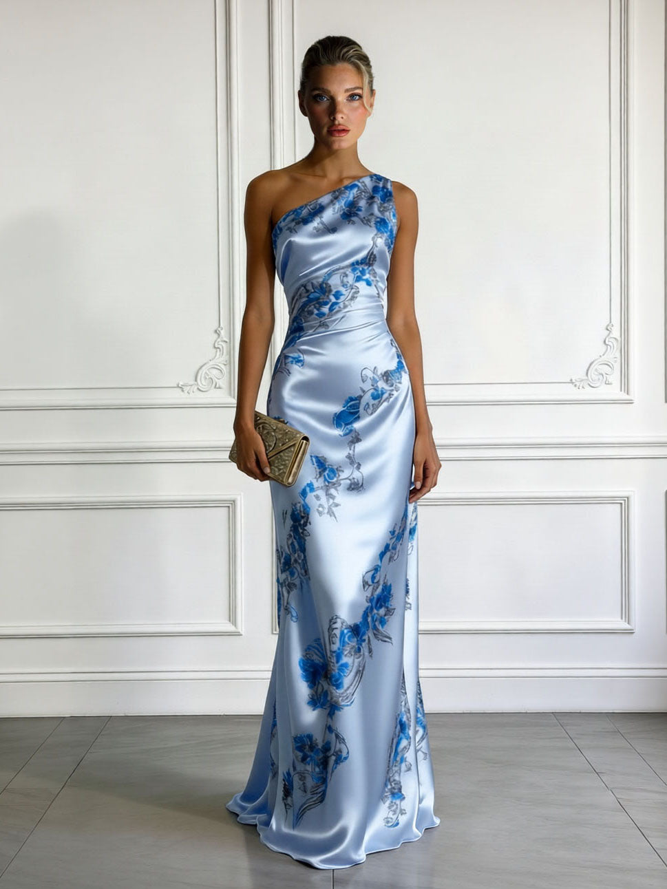 Elegantes One-Shoulder-Maxikleid aus Satin mit Blumenmuster