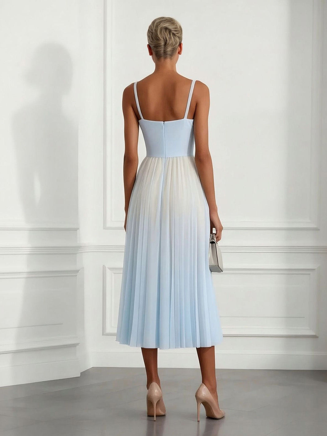 Vestido midi elegante plisado con tirantes finos y estampado degradado