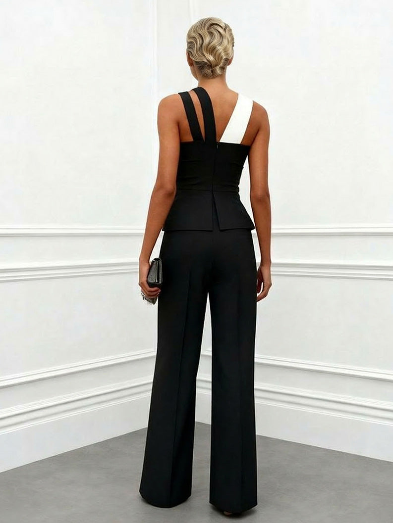 Elegantes asymmetrisches zweiteiliges Set in Colorblock-Optik aus Oberteil und Hose mit weitem Bein