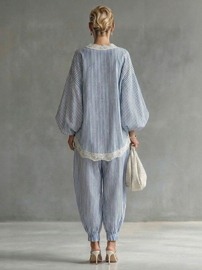 Casual Striped Batwing Sleeve Top & Drawstring Jogger Pants Two-Piece Set