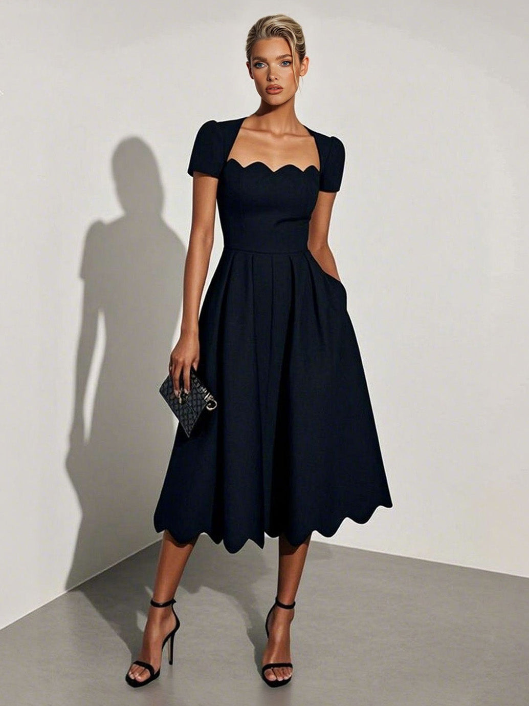 Vestido midi elegante de corte em A e bainha ondulada