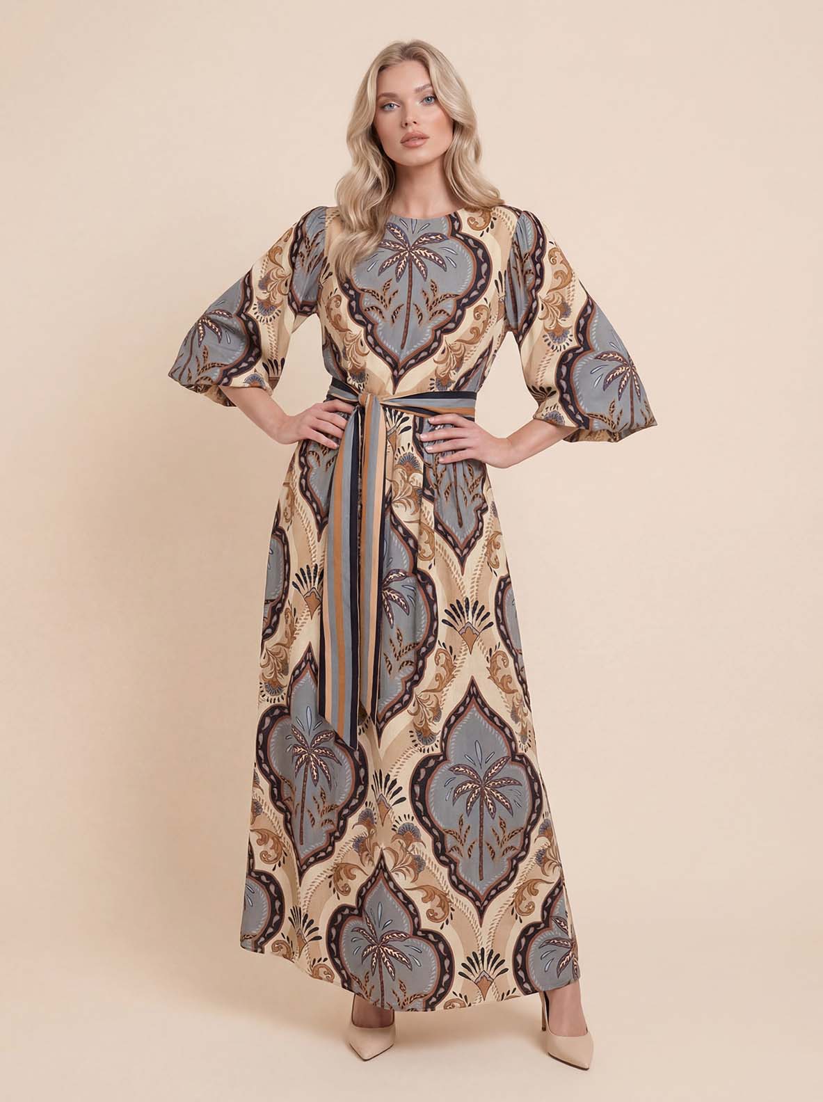 Elegant Vintage Palm Print Belted Maxi Dress