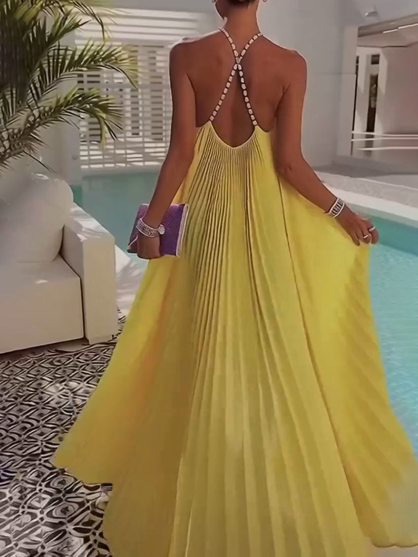 Elegant Pleated V-Neck Backless Chiffon Maxi Dress
