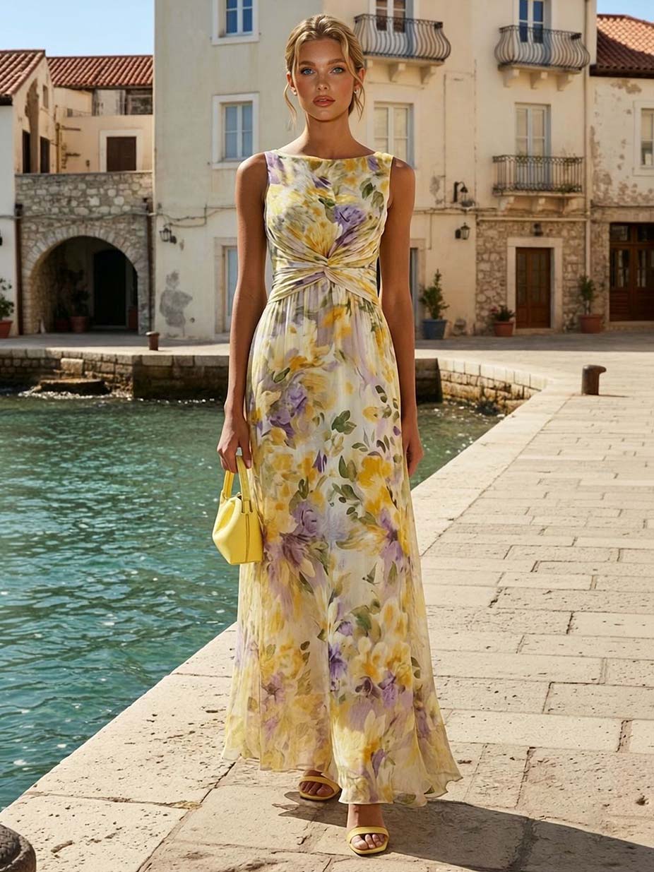 Elegant Sleeveless Twist Waist Floral Print Chiffon Maxi Dress