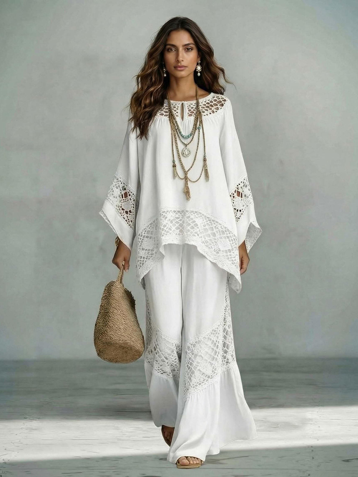 Casual completo a due pezzi con top kaftano ampio in pizzo all'uncinetto