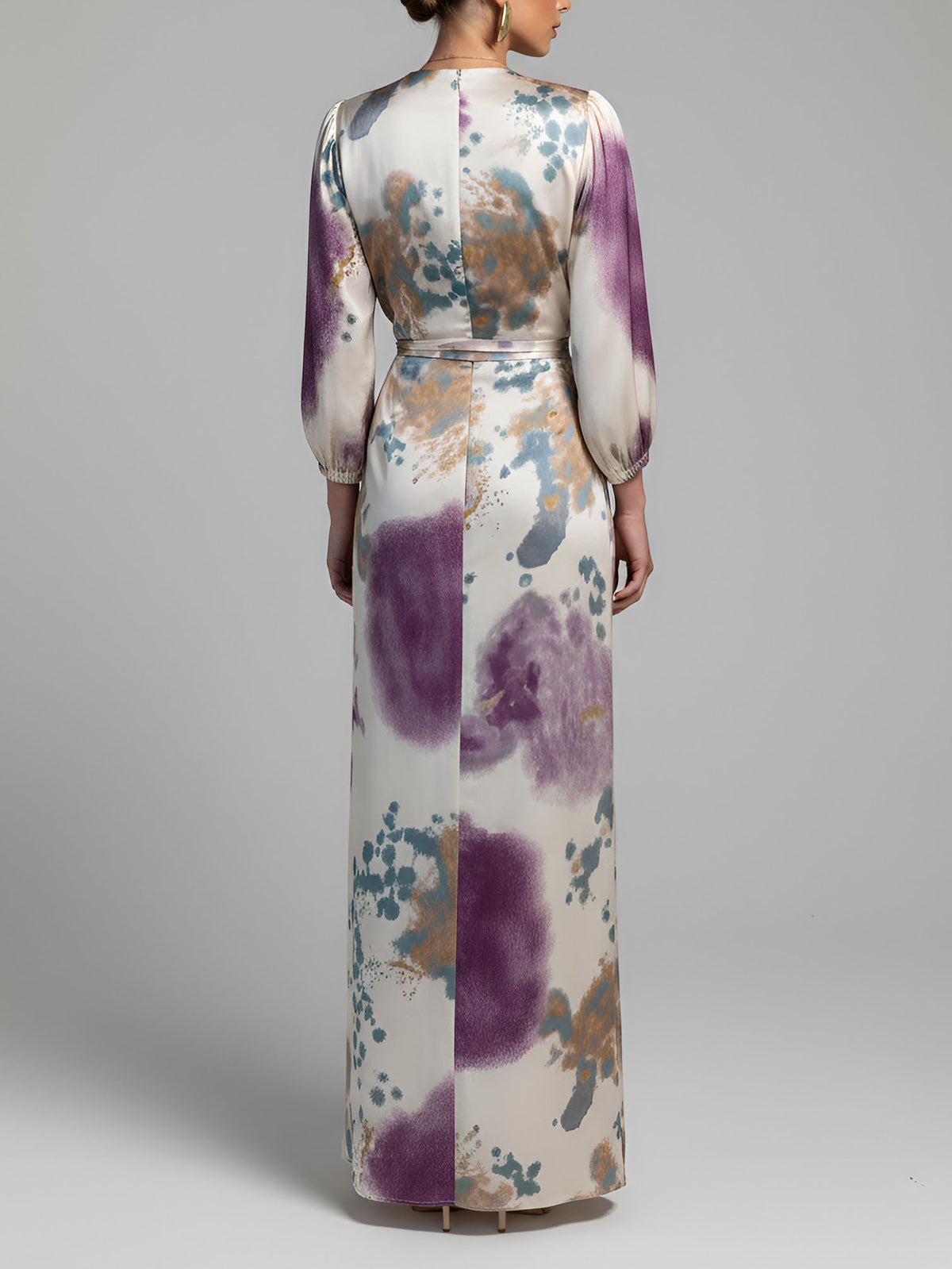 Elegant Watercolor Print Satin Long Sleeve Wrap Top